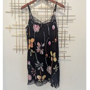 Soma Cool Nights Lace Trim Black Floral Slip Nightie‎ Spaghetti Strap Women's L